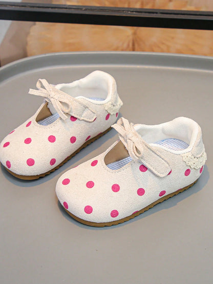 1 Pair Baby Girls Pink Polka Dot Mary Jane Shoes, Soft Sole Anti-Slip Hook And Loop Strap Shoes, Vintage Polka Dot Bow Princess Shoes