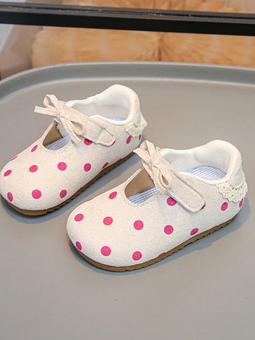 1 Pair Baby Girls Pink Polka Dot Mary Jane Shoes, Soft Sole Anti-Slip Hook And Loop Strap Shoes, Vintage Polka Dot Bow Princess Shoes