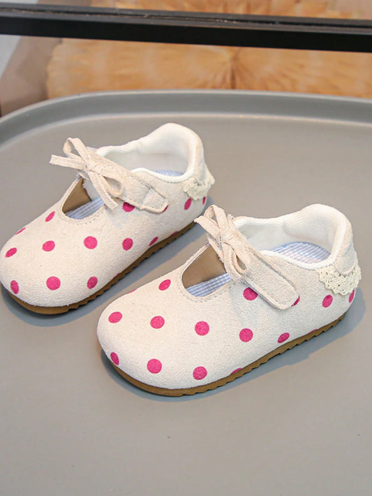 1 Pair Baby Girls Pink Polka Dot Mary Jane Shoes, Soft Sole Anti-Slip Hook And Loop Strap Shoes, Vintage Polka Dot Bow Princess Shoes