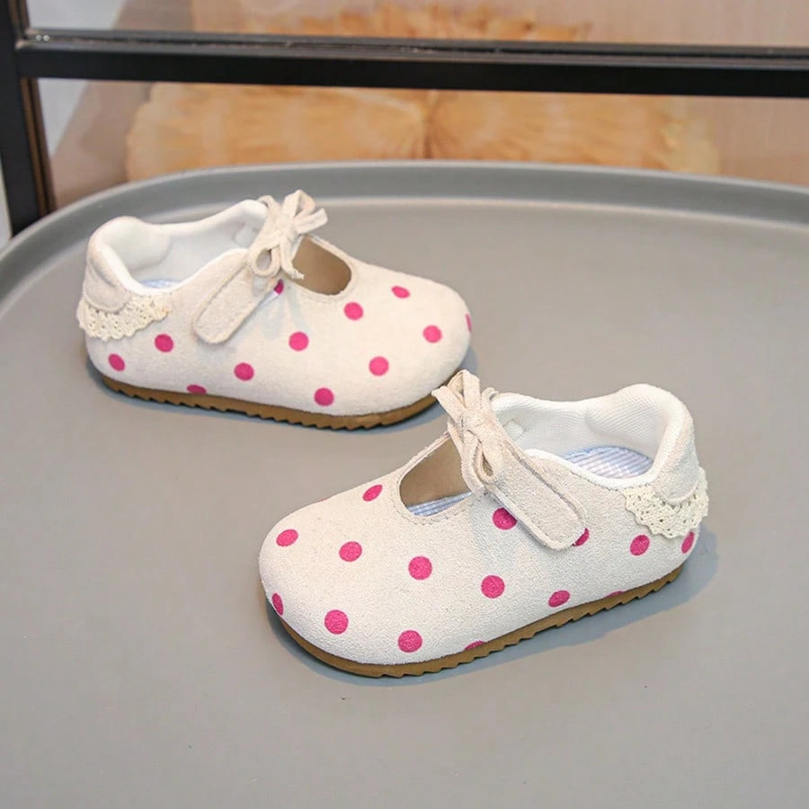 1 Pair Baby Girls Pink Polka Dot Mary Jane Shoes, Soft Sole Anti-Slip Hook And Loop Strap Shoes, Vintage Polka Dot Bow Princess Shoes
