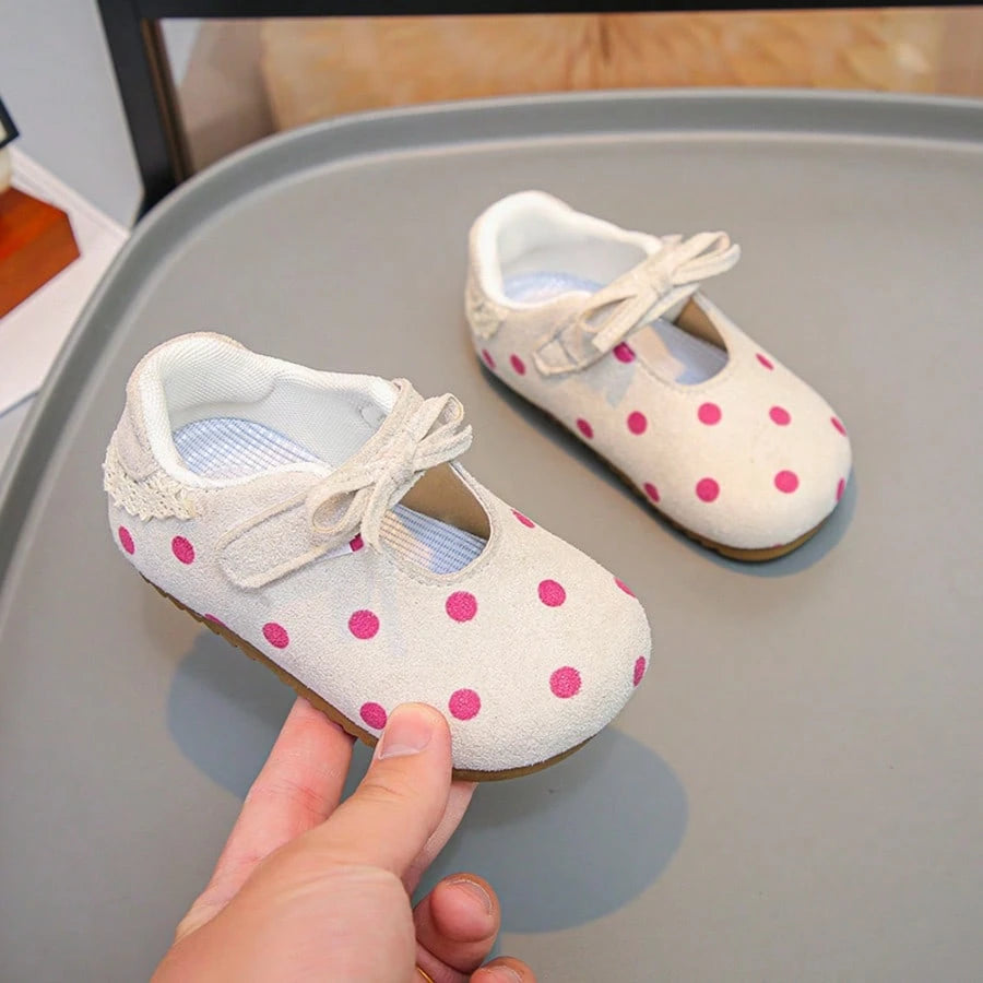1 Pair Baby Girls Pink Polka Dot Mary Jane Shoes, Soft Sole Anti-Slip Hook And Loop Strap Shoes, Vintage Polka Dot Bow Princess Shoes