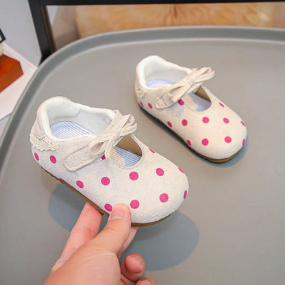 1 Pair Baby Girls Pink Polka Dot Mary Jane Shoes, Soft Sole Anti-Slip Hook And Loop Strap Shoes, Vintage Polka Dot Bow Princess Shoes