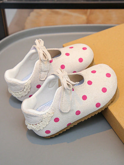 1 Pair Baby Girls Pink Polka Dot Mary Jane Shoes, Soft Sole Anti-Slip Hook And Loop Strap Shoes, Vintage Polka Dot Bow Princess Shoes