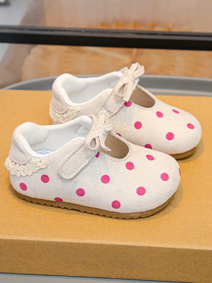 1 Pair Baby Girls Pink Polka Dot Mary Jane Shoes, Soft Sole Anti-Slip Hook And Loop Strap Shoes, Vintage Polka Dot Bow Princess Shoes