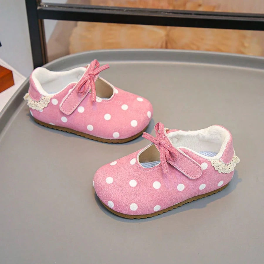 1 Pair Baby Girls Pink Polka Dot Mary Jane Shoes, Soft Sole Anti-Slip Hook And Loop Strap Shoes, Vintage Polka Dot Bow Princess Shoes