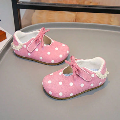 1 Pair Baby Girls Pink Polka Dot Mary Jane Shoes, Soft Sole Anti-Slip Hook And Loop Strap Shoes, Vintage Polka Dot Bow Princess Shoes