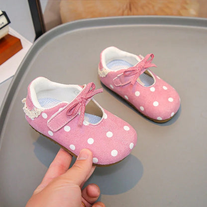 1 Pair Baby Girls Pink Polka Dot Mary Jane Shoes, Soft Sole Anti-Slip Hook And Loop Strap Shoes, Vintage Polka Dot Bow Princess Shoes