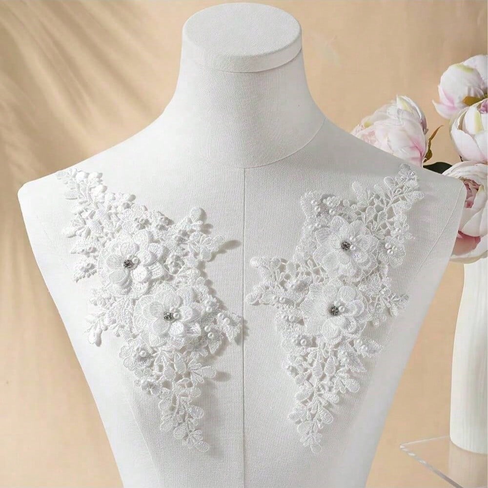 1 Pair Colorful Floral Embroidered Appliques With Hollow Pearls, Lace Fabric Patches, Suitable For DIY Sewing Dresses And Wedding Accessories