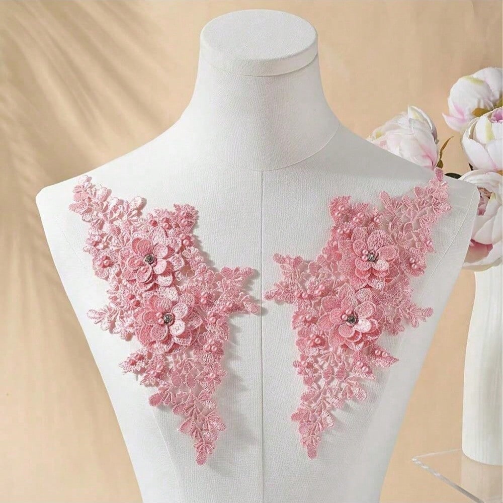 1 Pair Colorful Floral Embroidered Appliques With Hollow Pearls, Lace Fabric Patches, Suitable For DIY Sewing Dresses And Wedding Accessories