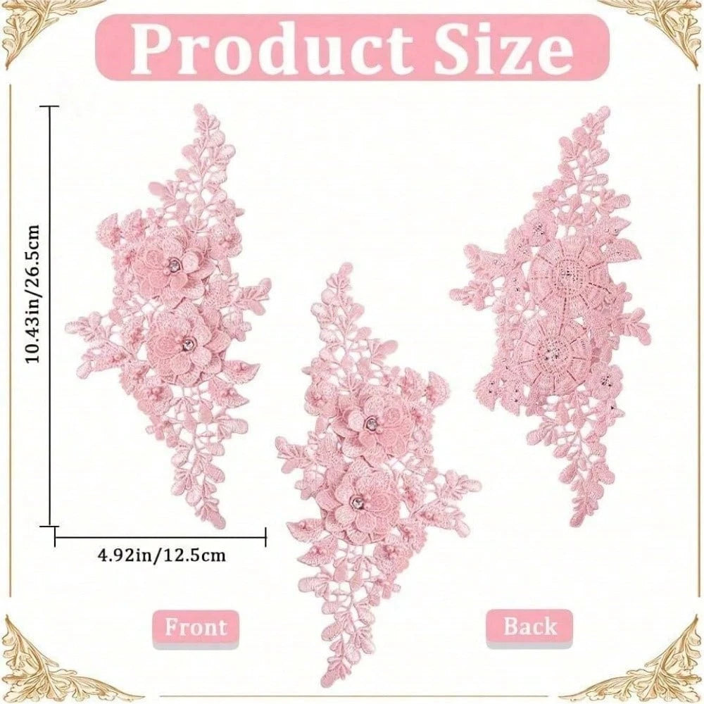 1 Pair Colorful Floral Embroidered Appliques With Hollow Pearls, Lace Fabric Patches, Suitable For DIY Sewing Dresses And Wedding Accessories