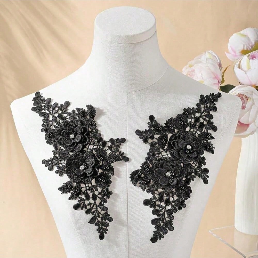 1 Pair Colorful Floral Embroidered Appliques With Hollow Pearls, Lace Fabric Patches, Suitable For DIY Sewing Dresses And Wedding Accessories