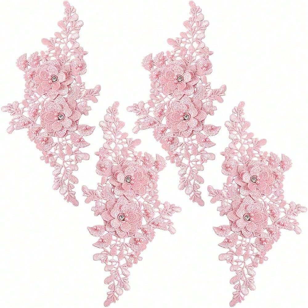 1 Pair Colorful Floral Embroidered Appliques With Hollow Pearls, Lace Fabric Patches, Suitable For DIY Sewing Dresses And Wedding Accessories