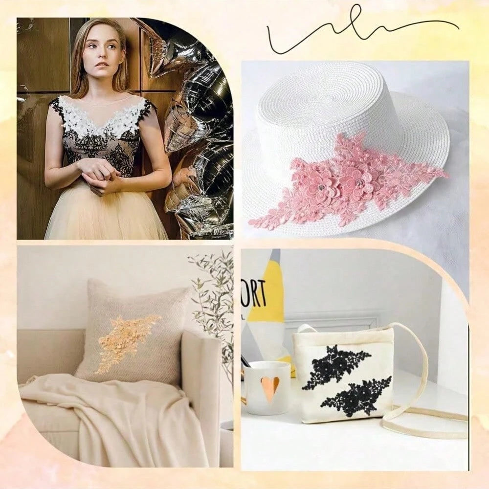 1 Pair Colorful Floral Embroidered Appliques With Hollow Pearls, Lace Fabric Patches, Suitable For DIY Sewing Dresses And Wedding Accessories