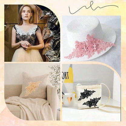 1 Pair Colorful Floral Embroidered Appliques With Hollow Pearls, Lace Fabric Patches, Suitable For DIY Sewing Dresses And Wedding Accessories