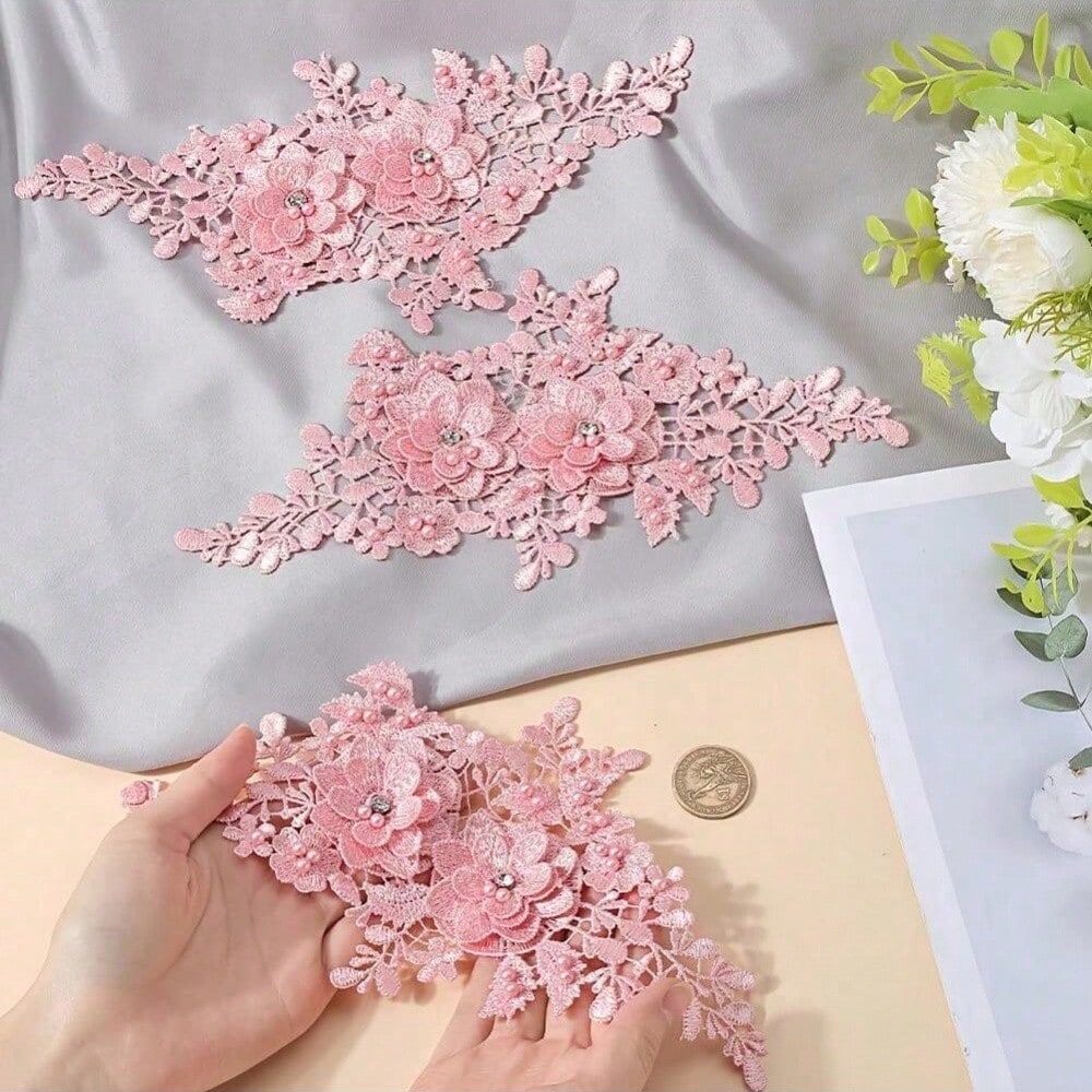 1 Pair Colorful Floral Embroidered Appliques With Hollow Pearls, Lace Fabric Patches, Suitable For DIY Sewing Dresses And Wedding Accessories