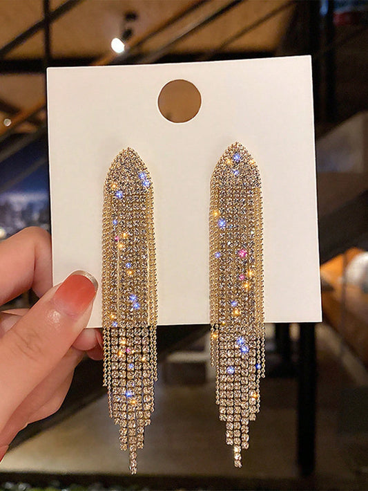 1 Pair European Style Long Tassel Crystal Geometric Triangle Earrings, High-End Design, Suitable For Women, Wedding, Party, Gifting