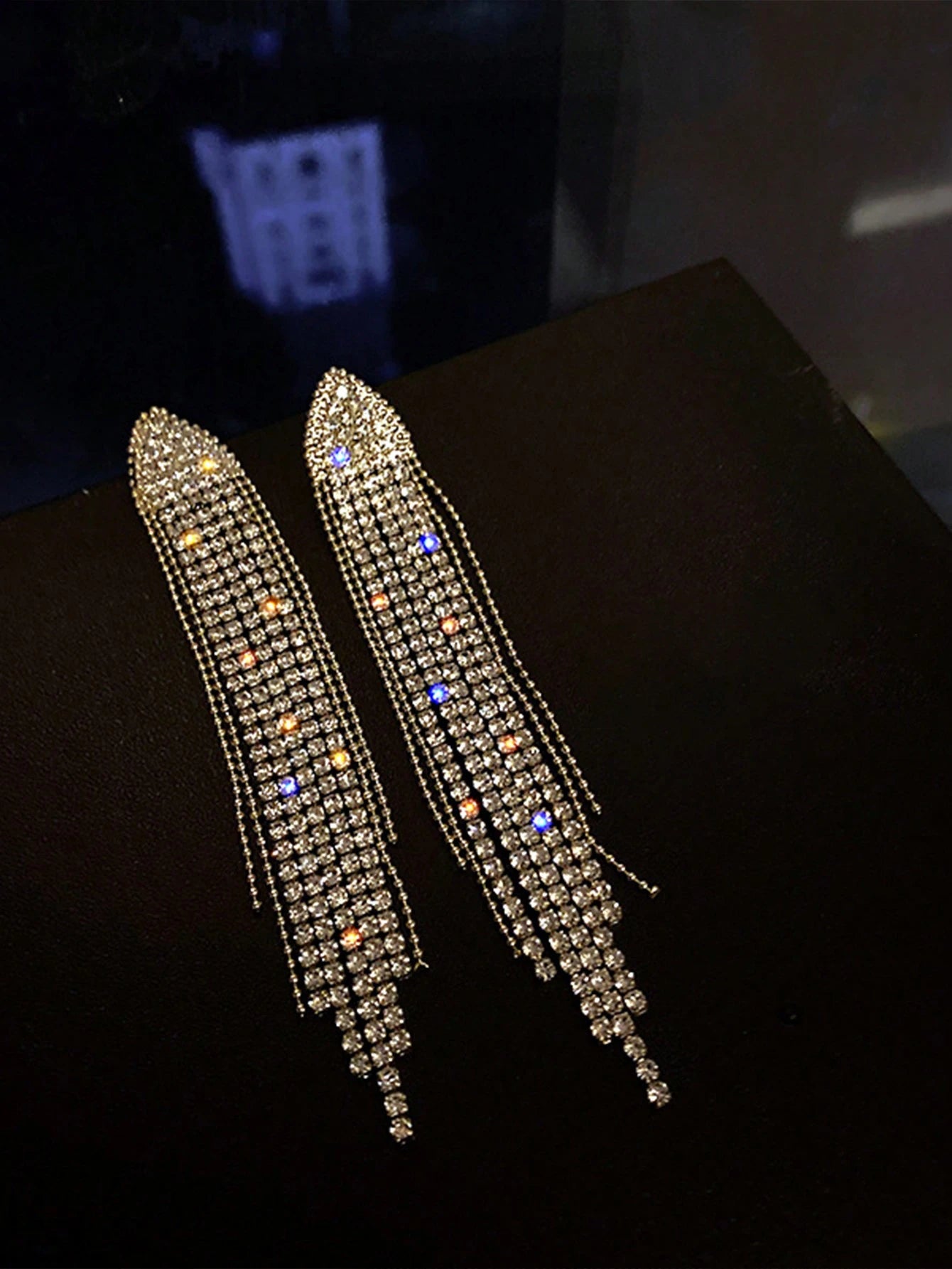 1 Pair European Style Long Tassel Crystal Geometric Triangle Earrings, High-End Design, Suitable For Women, Wedding, Party, Gifting