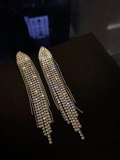 1 Pair European Style Long Tassel Crystal Geometric Triangle Earrings, High-End Design, Suitable For Women, Wedding, Party, Gifting