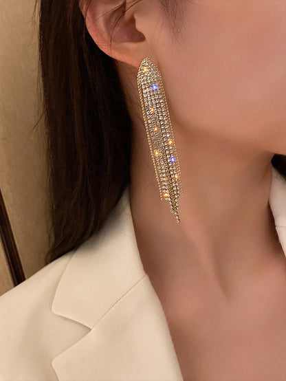 1 Pair European Style Long Tassel Crystal Geometric Triangle Earrings, High-End Design, Suitable For Women, Wedding, Party, Gifting