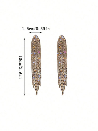 1 Pair European Style Long Tassel Crystal Geometric Triangle Earrings, High-End Design, Suitable For Women, Wedding, Party, Gifting