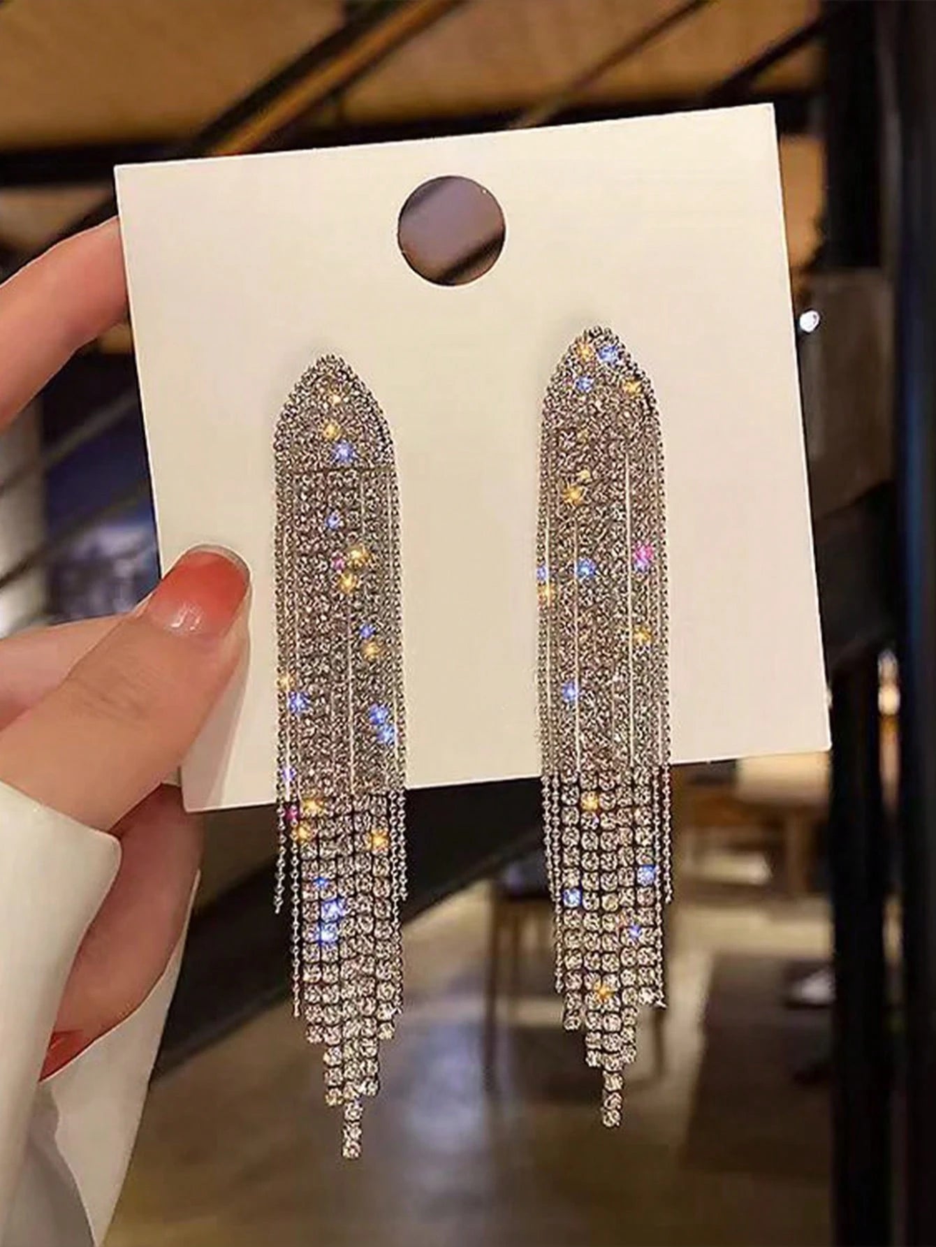 1 Pair European Style Long Tassel Crystal Geometric Triangle Earrings, High-End Design, Suitable For Women, Wedding, Party, Gifting