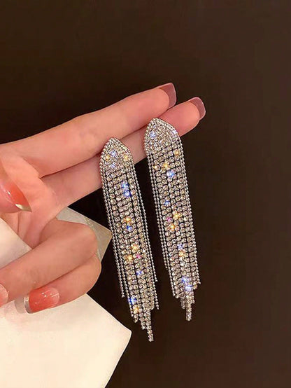 1 Pair European Style Long Tassel Crystal Geometric Triangle Earrings, High-End Design, Suitable For Women, Wedding, Party, Gifting