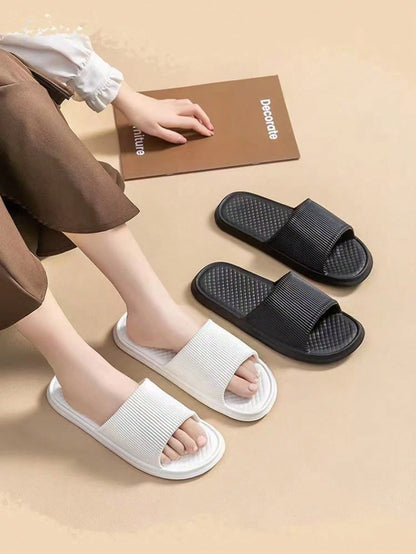 1 Pair Minimalist Solid Color Vertical Stripe Slippers, High Elastic Soft Sole Waterproof Odor-Resistant Unisex Home Bedroom Bathroom Dual-Use One-Strap Slides