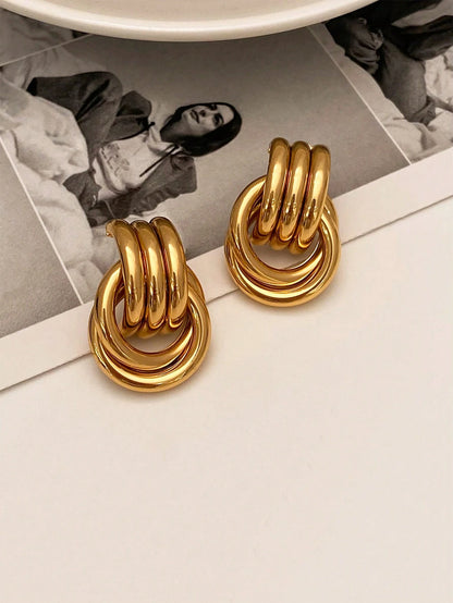 1 Pair New European & American Style Thick Gold Color Women Earrings, Multi-Layer Geometric Tassel Dangle Earrings