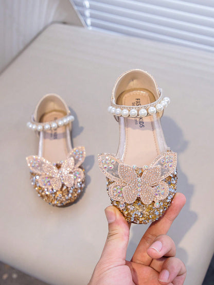 1 Pair Silver Baby Girls Flat Shoes, Rhinestone Decorated Closed Toe Princess Shoes For Spring And Autumn