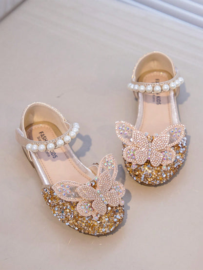 1 Pair Silver Baby Girls Flat Shoes, Rhinestone Decorated Closed Toe Princess Shoes For Spring And Autumn