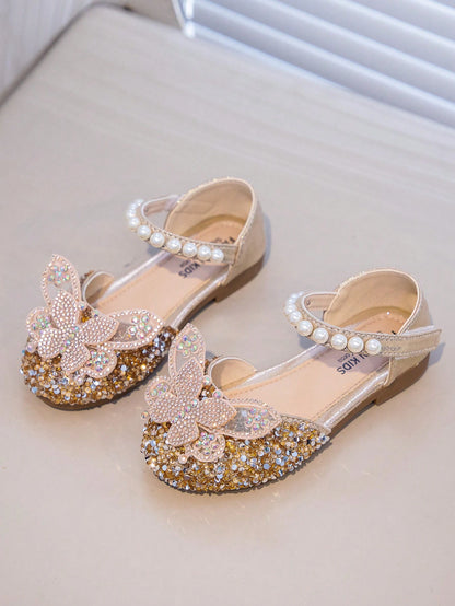 1 Pair Silver Baby Girls Flat Shoes, Rhinestone Decorated Closed Toe Princess Shoes For Spring And Autumn