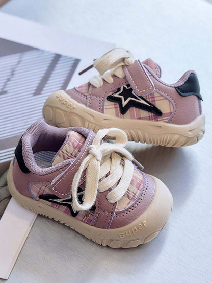 1 Pair Spring/Autumn Infant Toddler Plaid Star Sports Shoes, Soft Sole Hook And Loop Anti-Slip Walking Shoes For Baby Boys And Girls