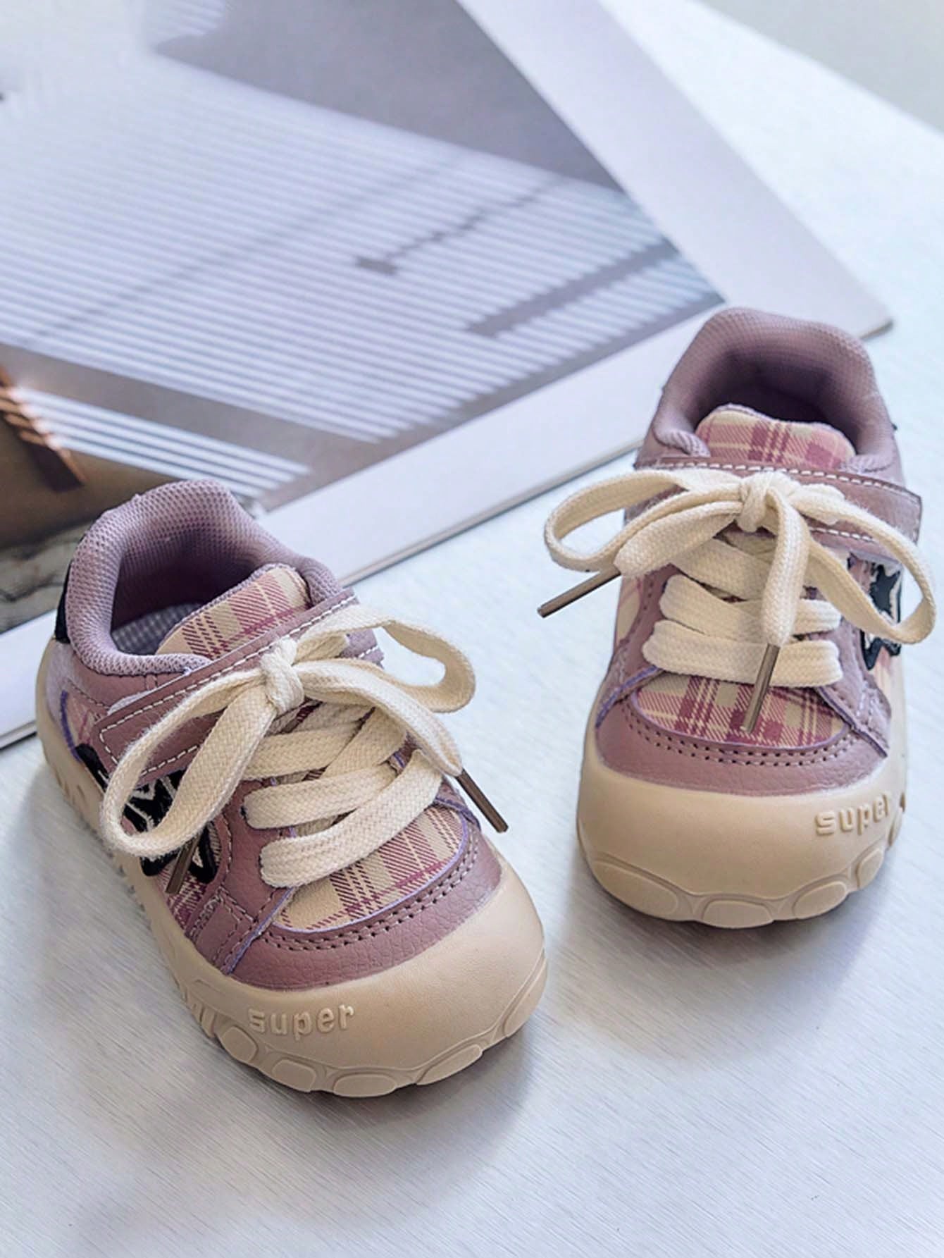 1 Pair Spring/Autumn Infant Toddler Plaid Star Sports Shoes, Soft Sole Hook And Loop Anti-Slip Walking Shoes For Baby Boys And Girls