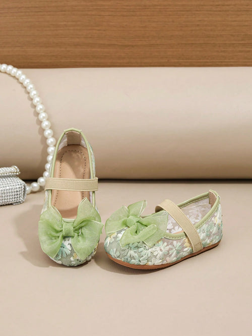 1 Pair Spring/Summer New Lace Cute Light Green Bow Floral Flat Princess Shoes For Children