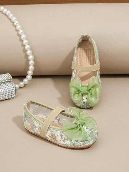 1 Pair Spring/Summer New Lace Cute Light Green Bow Floral Flat Princess Shoes For Children