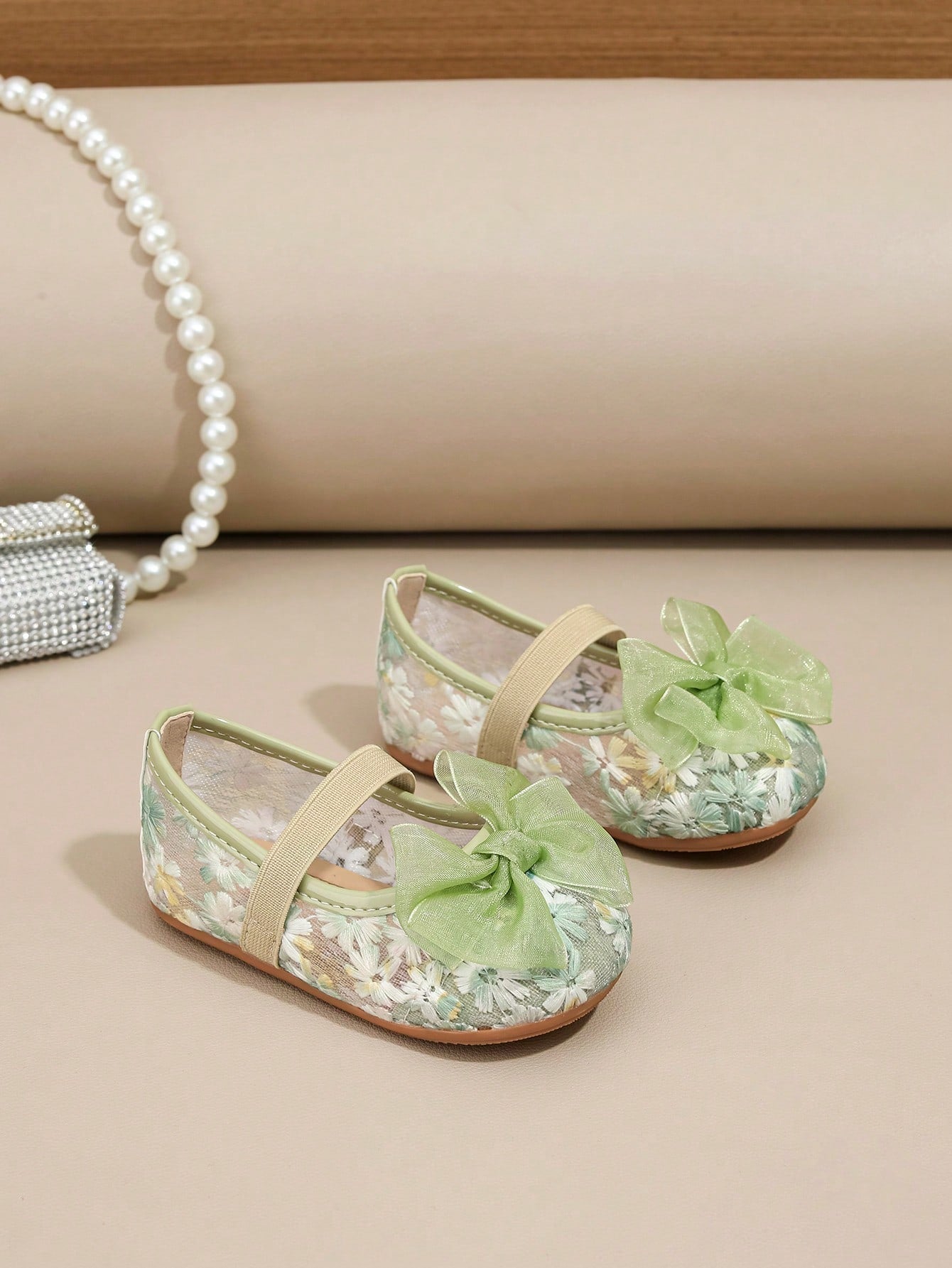 1 Pair Spring/Summer New Lace Cute Light Green Bow Floral Flat Princess Shoes For Children