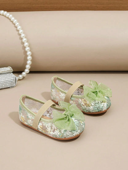 1 Pair Spring/Summer New Lace Cute Light Green Bow Floral Flat Princess Shoes For Children