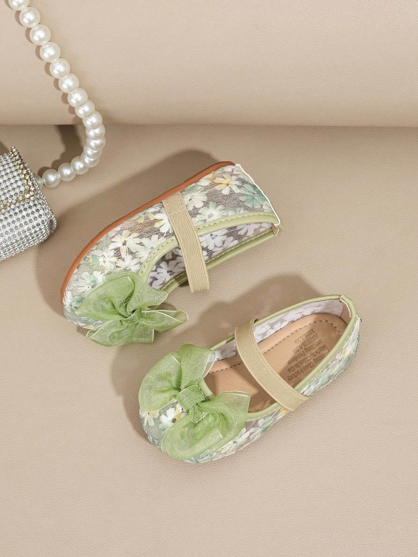 1 Pair Spring/Summer New Lace Cute Light Green Bow Floral Flat Princess Shoes For Children
