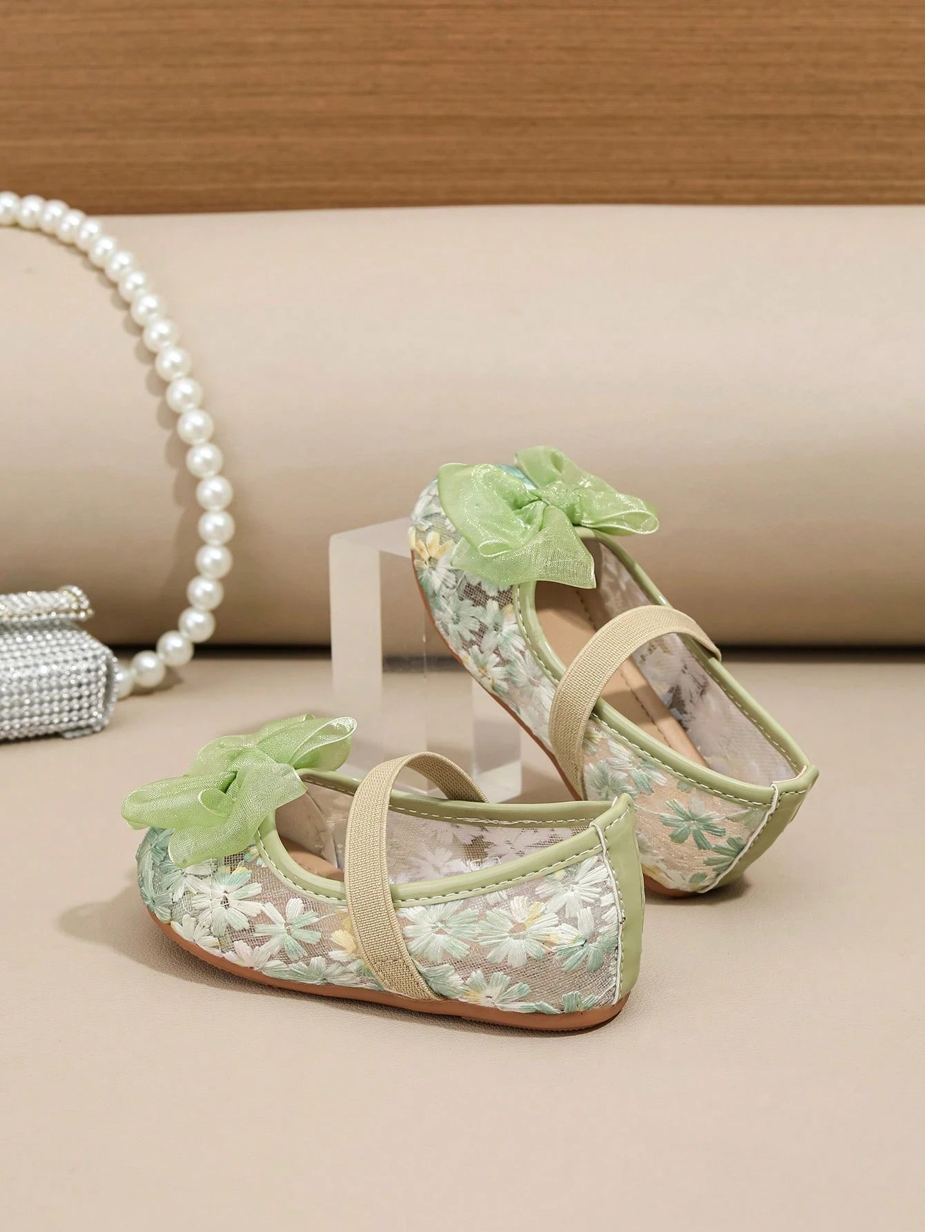 1 Pair Spring/Summer New Lace Cute Light Green Bow Floral Flat Princess Shoes For Children