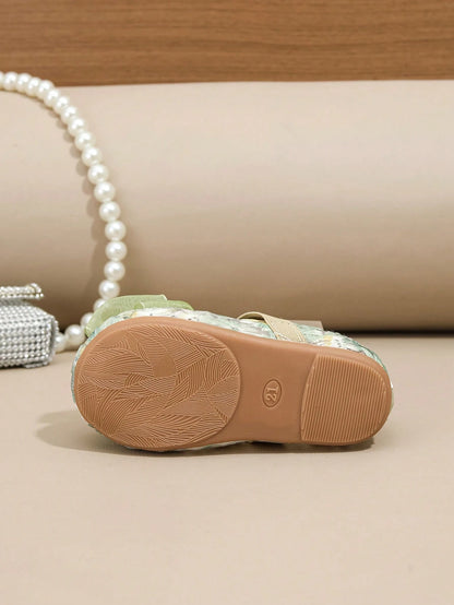 1 Pair Spring/Summer New Lace Cute Light Green Bow Floral Flat Princess Shoes For Children