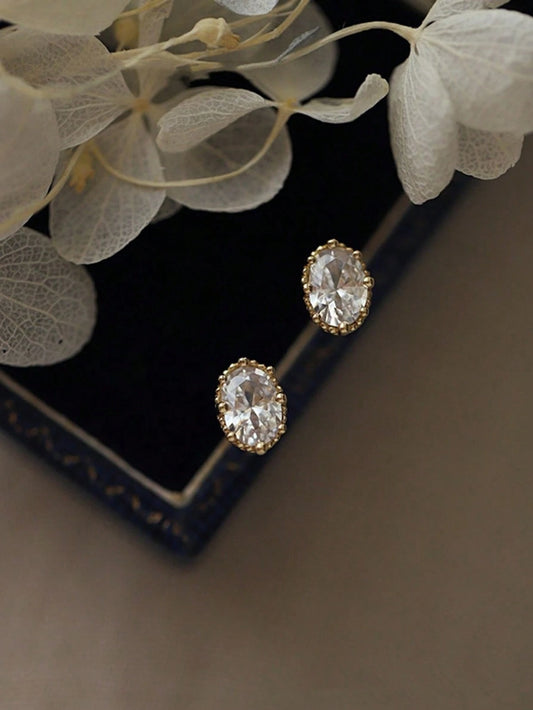 1 Pair Vintage S925 Sterling Silver Oval Single Zirconia Stud Earrings, Everyday Jewelry Gift For Women, Friends, Couples, New Design