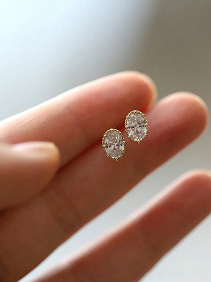 1 Pair Vintage S925 Sterling Silver Oval Single Zirconia Stud Earrings, Everyday Jewelry Gift For Women, Friends, Couples, New Design
