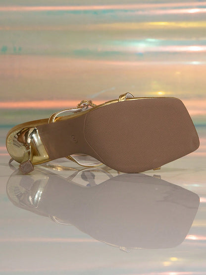 1 Pair Women's High Heel Party PU Leather Buckle Sandals, Summer Colorful Rhinestone Diamond Roman Buckle Square Toe Brown Sandals