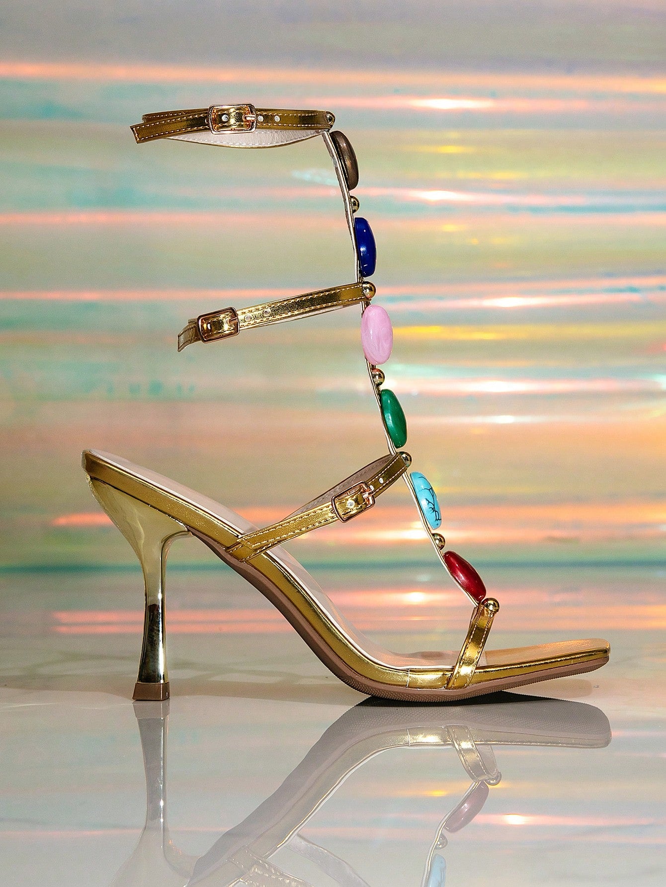 1 Pair Women's High Heel Party PU Leather Buckle Sandals, Summer Colorful Rhinestone Diamond Roman Buckle Square Toe Brown Sandals