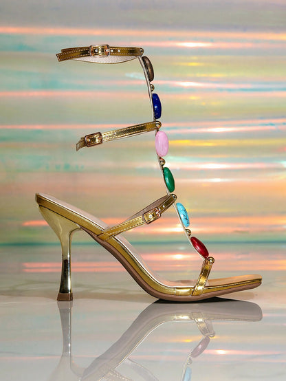 1 Pair Women's High Heel Party PU Leather Buckle Sandals, Summer Colorful Rhinestone Diamond Roman Buckle Square Toe Brown Sandals