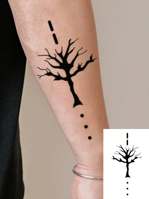 1 Pc Men's Minimalist Black Silhouette Temporary Tattoo Stickers, Abstract Dead Tree With Dot Line Vertical Pattern Waterproof Sweatproof Gothic Body Stickers For Arm, Forearm, Chest Party Decor