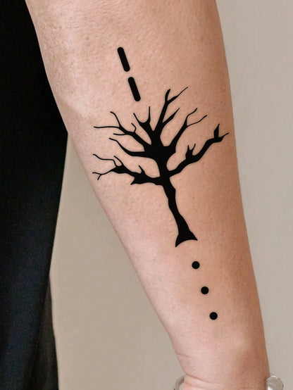 1 Pc Men's Minimalist Black Silhouette Temporary Tattoo Stickers, Abstract Dead Tree With Dot Line Vertical Pattern Waterproof Sweatproof Gothic Body Stickers For Arm, Forearm, Chest Party Decor