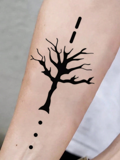 1 Pc Men's Minimalist Black Silhouette Temporary Tattoo Stickers, Abstract Dead Tree With Dot Line Vertical Pattern Waterproof Sweatproof Gothic Body Stickers For Arm, Forearm, Chest Party Decor