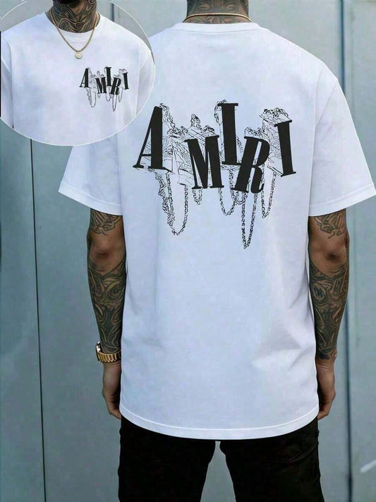 1 Pcs AMIRIs Chain Drip Letter Y2K T-Shirt Double Sided Printed (220g 100% Cotton T-Shirt), Summer Clothes, Men's Tops, Casual And Comfortable