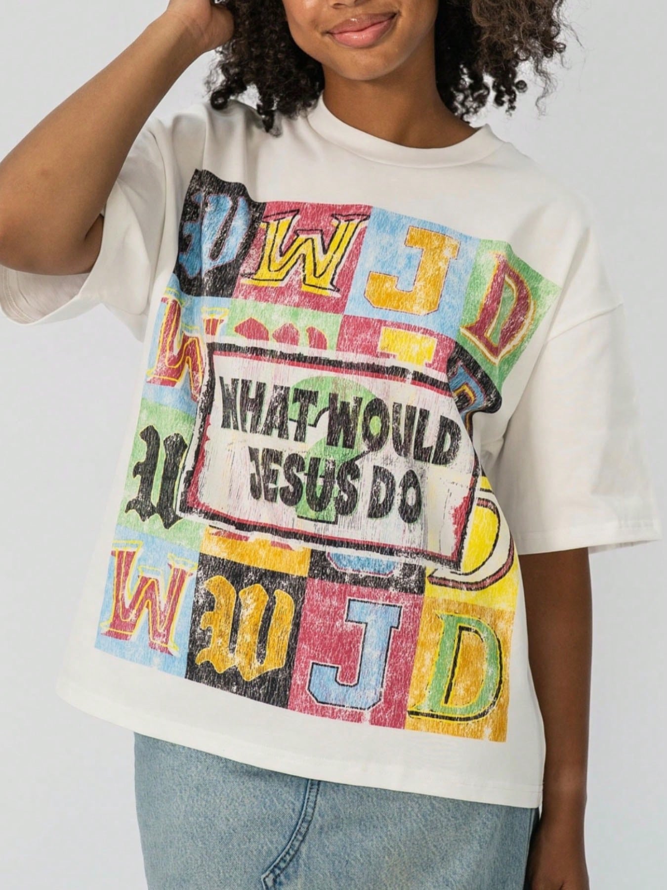 1 PCS Color Block Plaid Gothic Letter With Center Inspirational Slogan Front Graphic 100% Cotton Loose Short Sleeve Tee For Faith Inspired Daily Stree